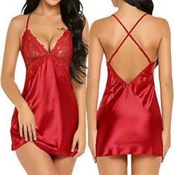 Camisón de encaje con tirantes y cuello en V profundo para mujer, lencería Sexy, vestido de noche