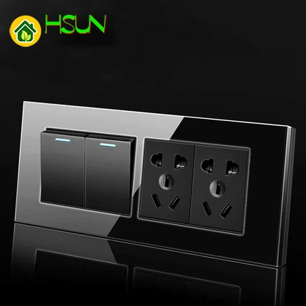 US /AU Tempered Glass Black 118 Type Switch Socket 1/2/3/4/5/6/7/8 Gang 2 Way Switch Real Glass Panel LED Guide Light Brazil Box