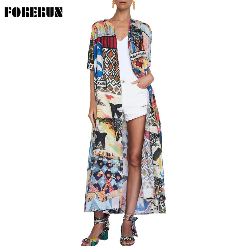 

FORERUN Long Kimono Cardigan Printed Beach Kimono Mujer Cotton Summer Women Casual Long Blouse Cover Ups