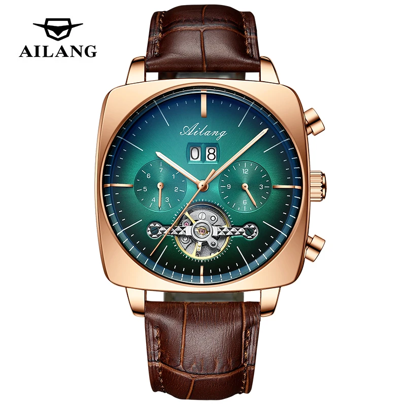 AILANG Brand Luxury Mechanical Watch Square Big Dial Watch Leather Strap Waterproof Fashion Tourbillon Watches Men Zegarek Męski