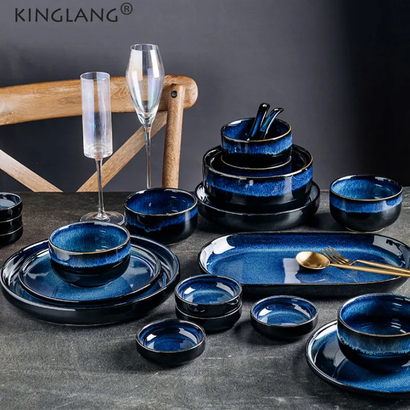 KINGLANG Kiln Glazed Ceramic Dinnerset  Japanese Style Star Blue Color Rice  Ramen Soup Bowl Dinner Plates Set