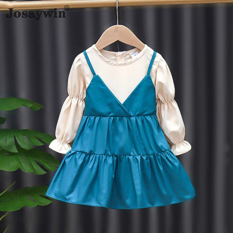 Spring Autumn Dress for Girls Vestidos Party Girls Dress Solid Dresses Girls Clothes Children Fake 2 Piece Set Sling Dress Girls