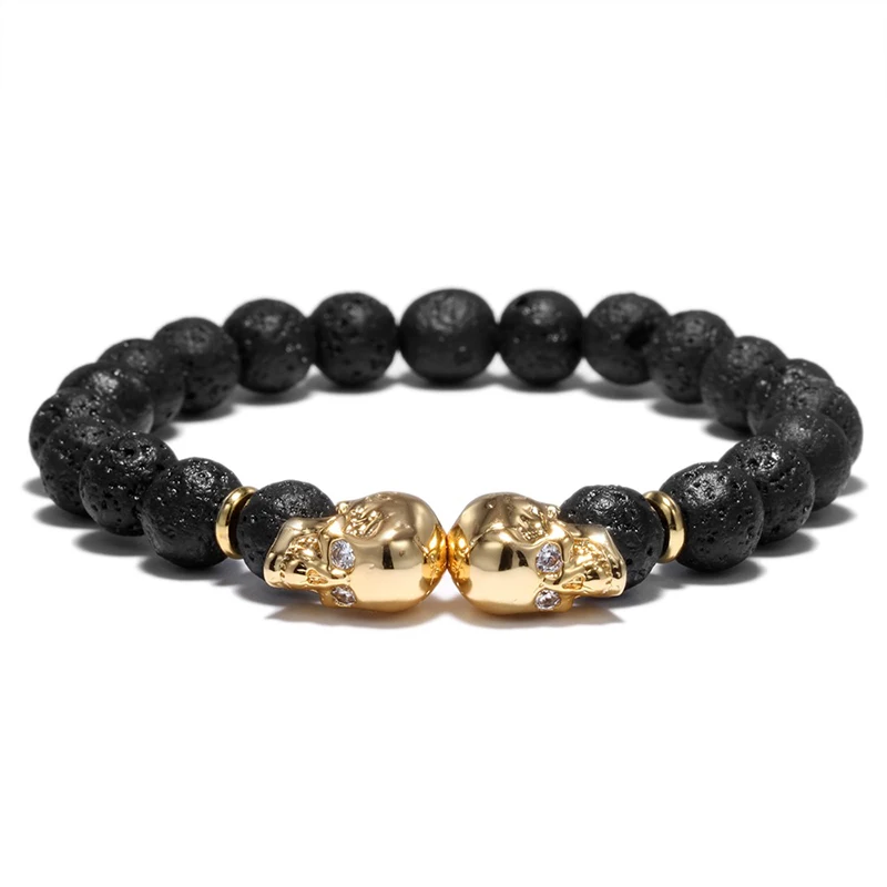 Pulsera Punk con diseño de doble cabeza de calavera para hombre, brazalete de Lava con cuentas de piedra Natural de 4 colores, pulsera de motorista,