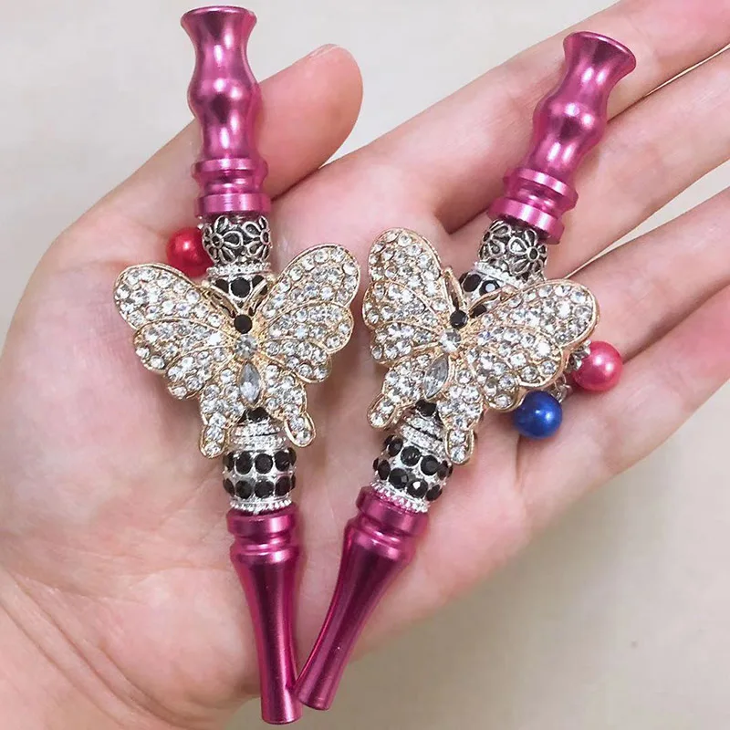 Pink Women Bling Shiny Butterfly Animal Jewelry Ball Handmade Inlaid  Blunt Holder Shisha Hookah Detachable Mouthpiece Tips