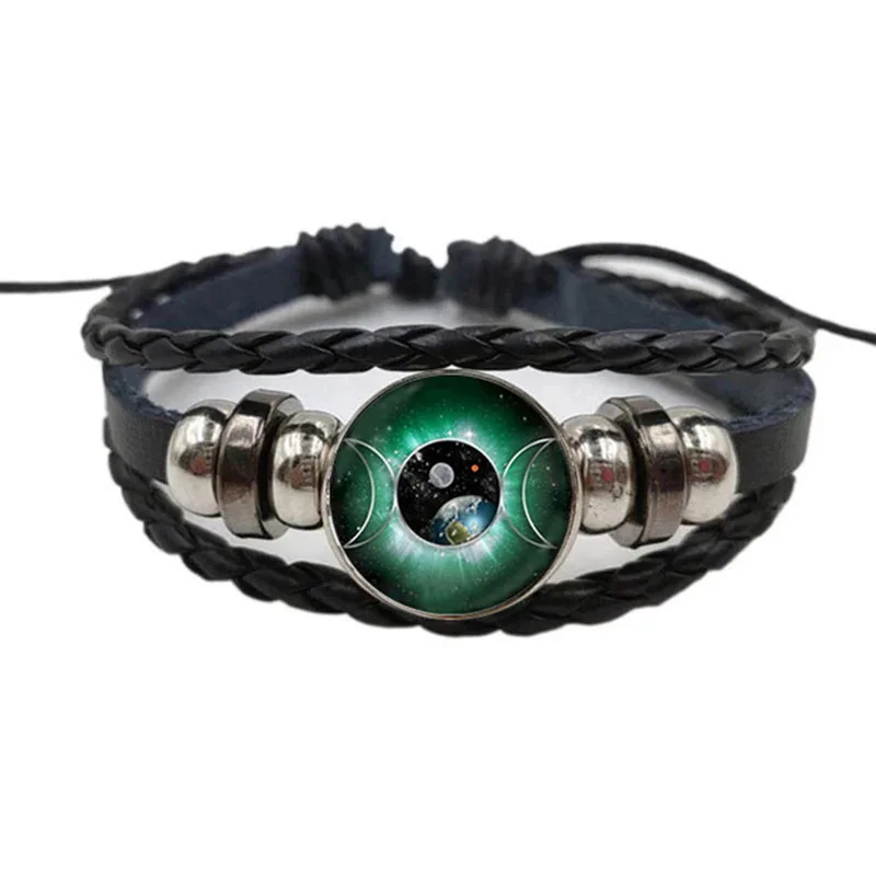 Black Classic March Goddess Pentagram Leather Bracelet Witch Jewelry Glass Dome Witchcraft Bracelet Charm Vicat Bracelet