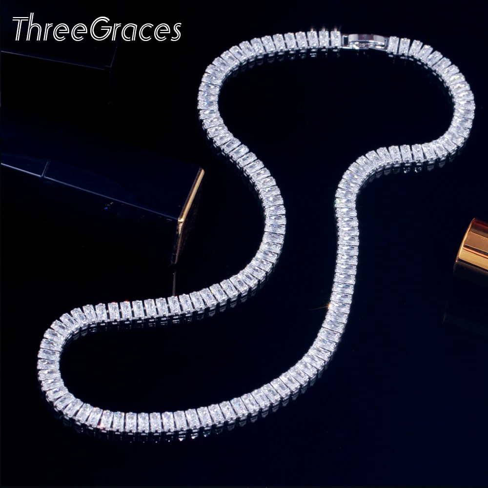 ThreeGraces Gorgeous Rectangle White CZ Crystal Choker Necklace for Women Silver Color Dancing Party Accessories Jewelry PN113