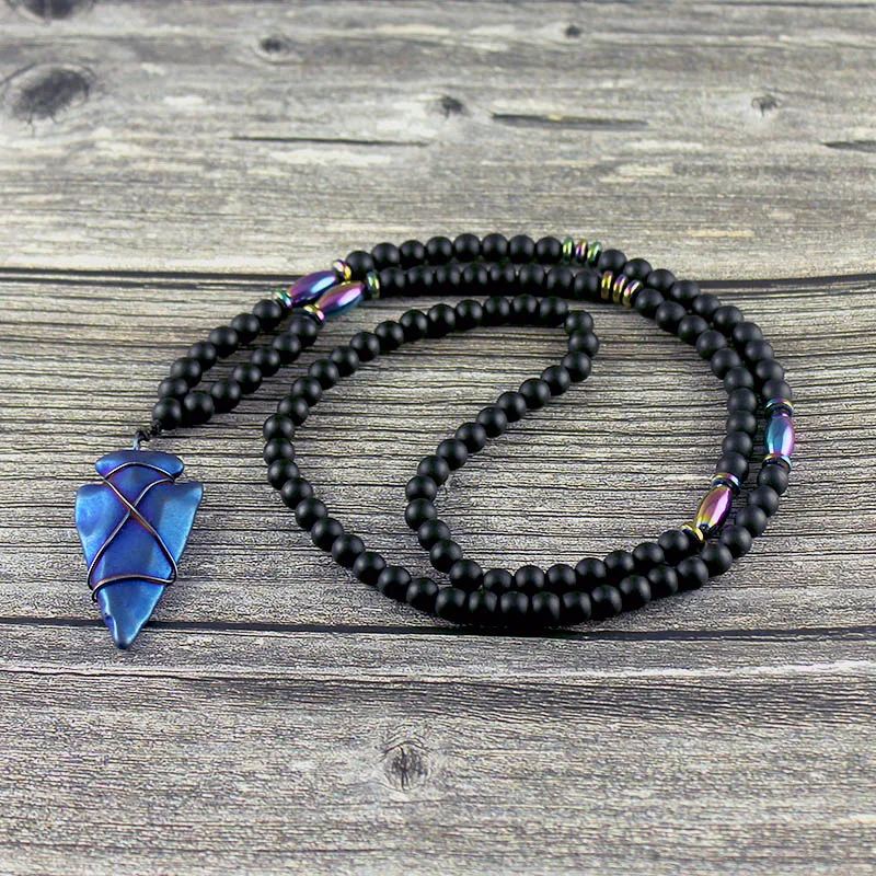 

New Arrival Rainbow Oval Beads Black Men Jewelry Necklace with Blue Arrow Hematite Stone Pendant Necklace for Men Women