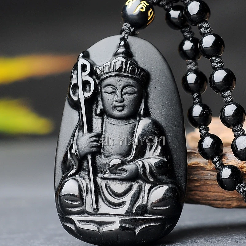 Charming Natural Black Obsidian Hand Carved Pendant Chinese Buddhism Amulet Buddha Lucky Necklace Fashion Crystal Gift Jewelry