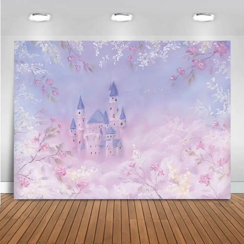 판타지 성-신생아 아기 초상화 배경 보라색 꽃 꿈꾸는 성 배경 소녀 예술 사진 스튜디오 소품