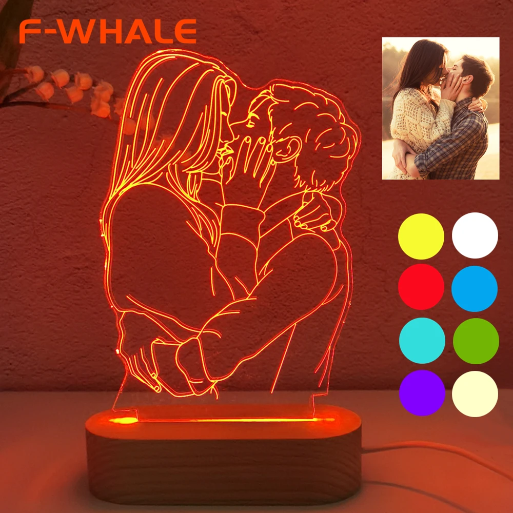 Foto personalizada 3D luz de noche dormitorio al lado lámpara Base de madera colorida lámpara de noche boda Navidad Año nuevo regalo Luz de