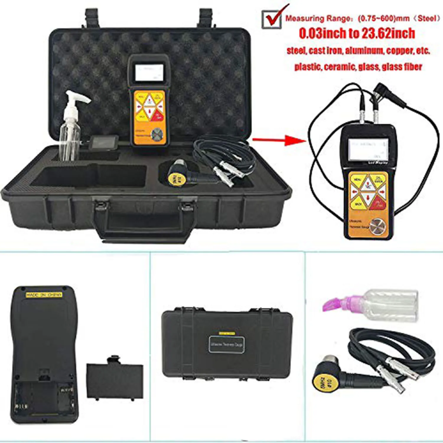 แบบพกพาUltrasonic Gauge Meter Tester 0.75ถึง600มม.สำหรับโลหะพลาสติกCeramiceการทดสอบ