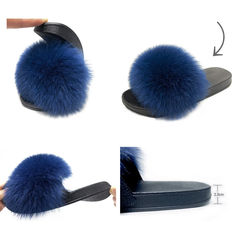 Fur Slides For Women Real Fox Fur Slippers Cute Fluffy Raccoon Fur Sandals Indoor Flat Big Fur Slides Ladies Luxury Flip Flops