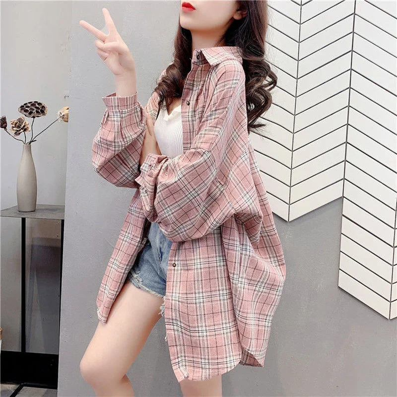 Women Blouses Plaid Turn-down Collar Female Autumn Long Sleeve Blouse Shirts Vintage Loose Street Lady Korean Oversize Top