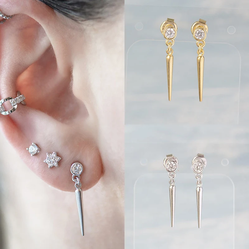

CRMYA Gold Silver Plated Hoop Huggie Long Dangle Spike Earrings For Women Geometric Rivet Droop Earring Jewelry