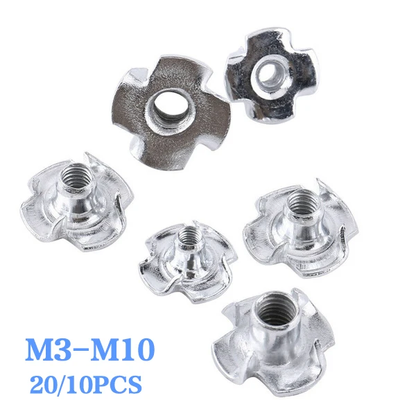 10PCS Carbon Steel Four Pronged T Nuts M3/M4/M5/M6/M8/M10 Blind Inserts Nut For Wood Furniture