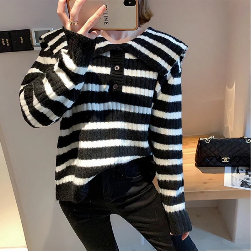 

2021 New Women's Sweater Autumn Striped Sailor Collar Top Korean Loose Casual Pullover Long-Sleeve Female's Knit Shirt