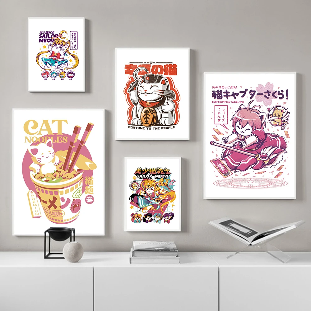 

Sailor Meow Ramen Cartoon Cat Animals Canvas Art Painting Kitchen Decor Wall Pictures Noodles Food Posters and Prints for Kids