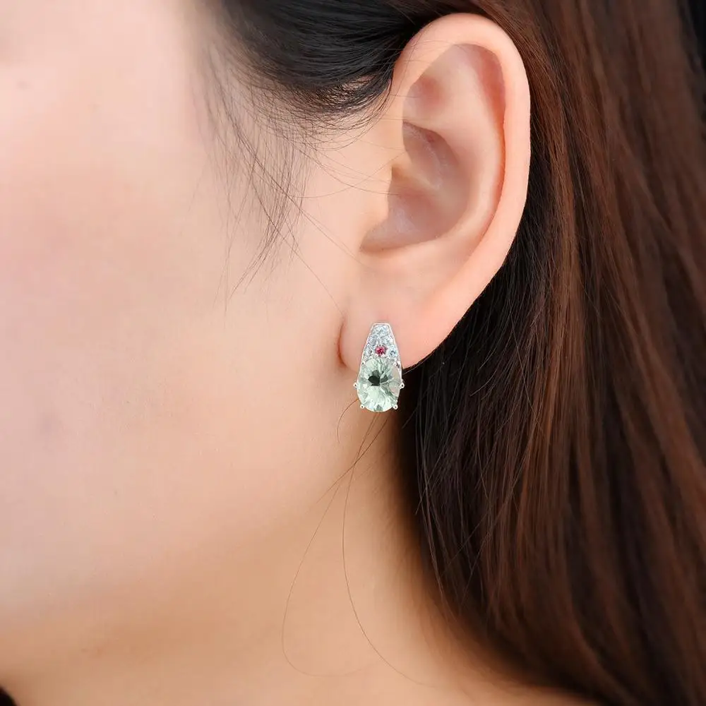 Hutang Green Fluorite 925  Silver Stud Earrings Real Gems Tourmaline Apatite Solid 925 Sterling Silver Fine Elegant Jewelry