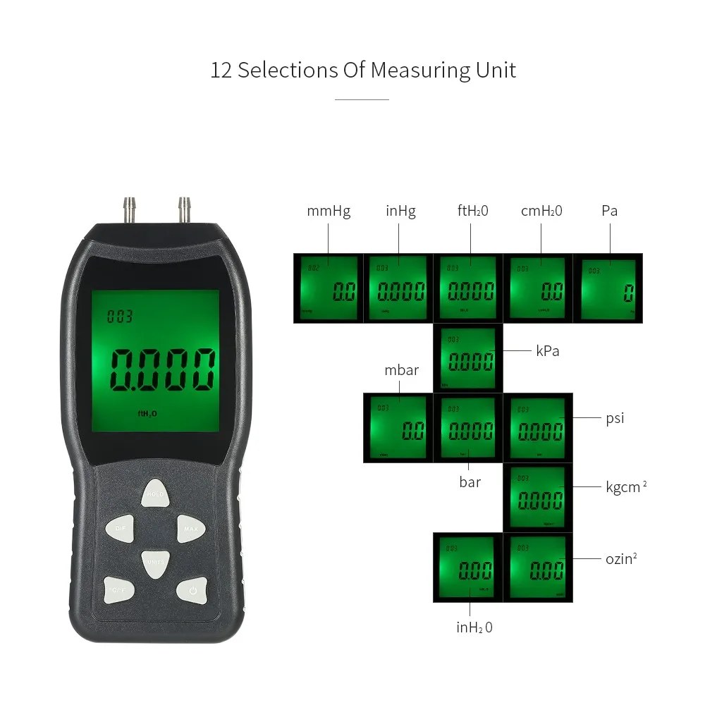 High Precision Hand-held LCD Digital Dual-port Manometer Differential Air Pressure Gauges Tester with 12 Units of Measurement