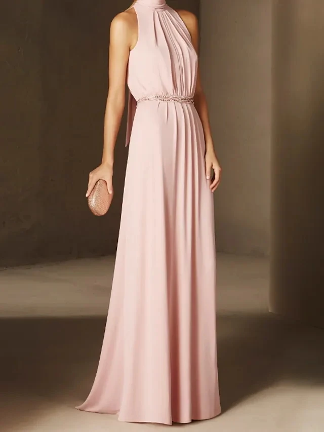 Robe De Soirée longue rose, ligne a, élégante, col licou, sans manches, perles, ceinture, Robe De bal, 2022