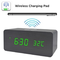 Electric Wood LED Clock Tabletop Temperature Calendar Smart Alarm Clock Wireless Charger Reveille Morning Numerical Despertador