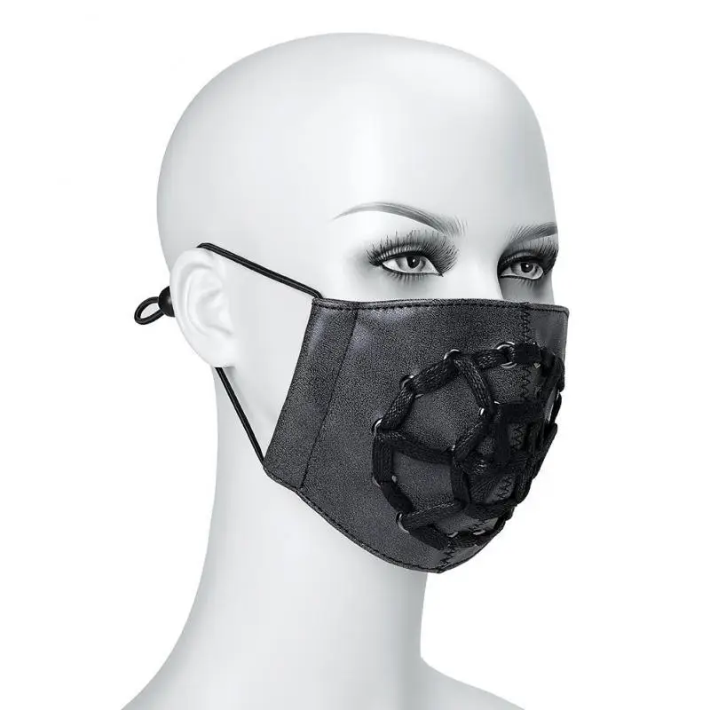 Halloween Cosplay Face Mask  Black Bandage Rope Decorated  Dust Mask Unisex Steam Punk Style Sun Wind Blocked Synthetic Leather