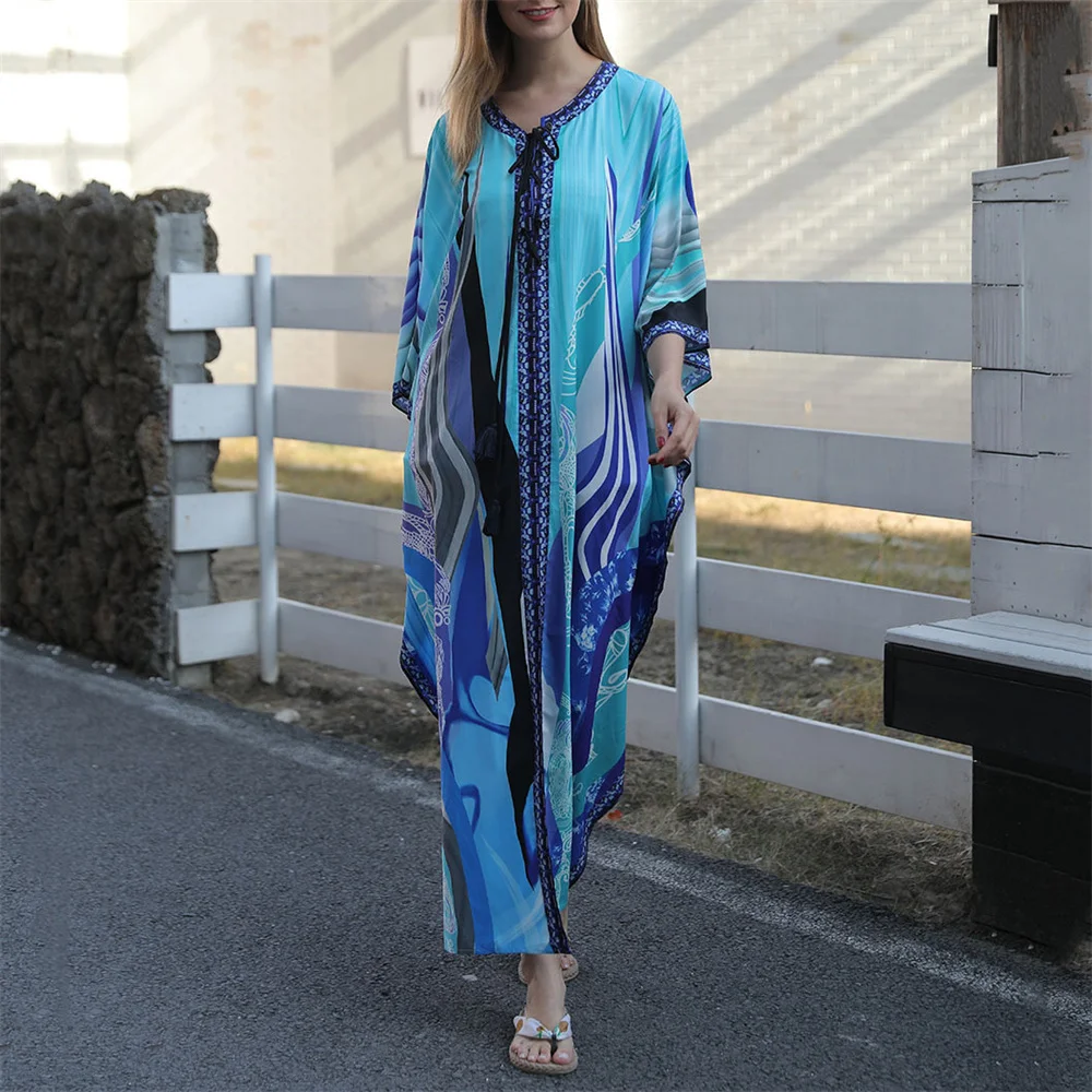 

Lace Up V Neck Beach Dress Cover Up Chiffon Women's Tunic Blue Printed Loose Beachwear Summer For Ladies Sun Protection Shirt