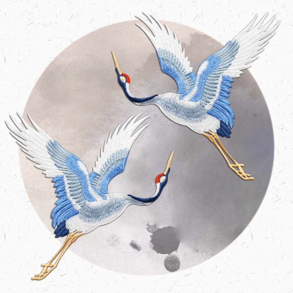 Chinese Style Patches for Clothing Embroidery Applique Sew on Red-crowned Crane Birds Decor DIY Embroidered Stickers for Clothes