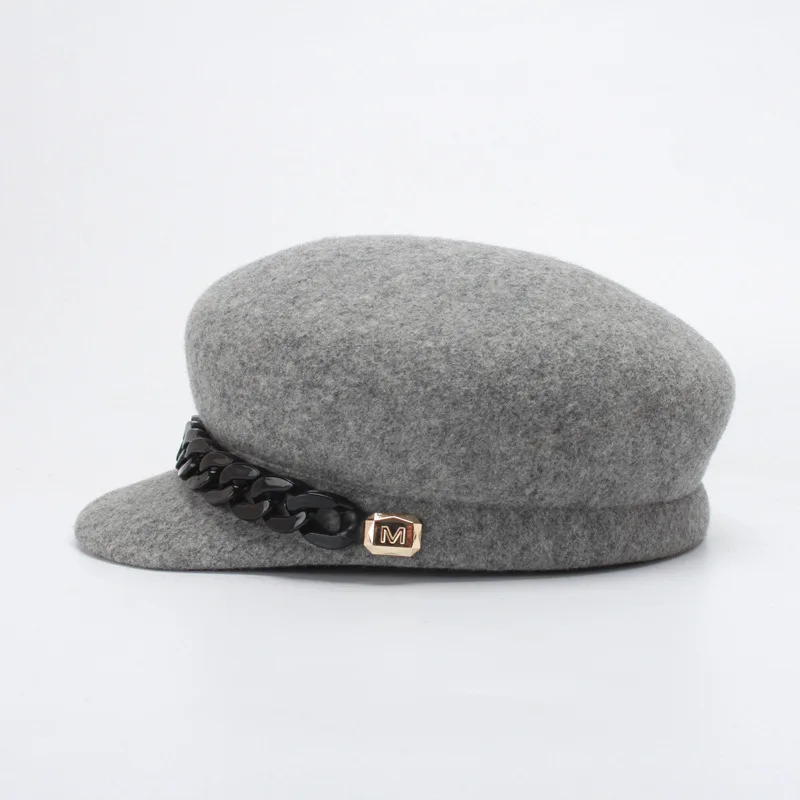 100% Wool Gray Black Winter Hat Warm Wool HatWomen Fashion Chain Newsboy Caps Hat Female