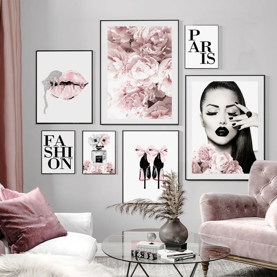 

Modern Fashion Make Up Pink Floral Black Lipgloss Woman Portrait Canvas Painting Wall Art Picture Poster Prints Girls Home Decor