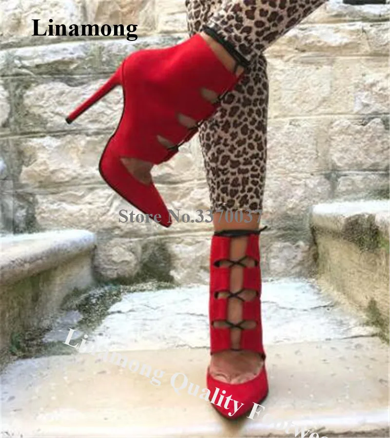 

Linamong Newest Pointed Toe Suede Leather Stiletto Heel Short Gladiator Red Leopard Cut-out High Heel Ankle Booties Dress Heels