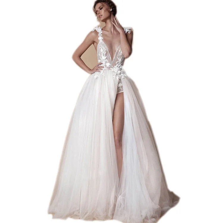 Abito da sposa Sexy scollo a v profondo con spacco alto 2021 pizzo Backless A-line principessa abiti da sposa di lusso Robe De Marie