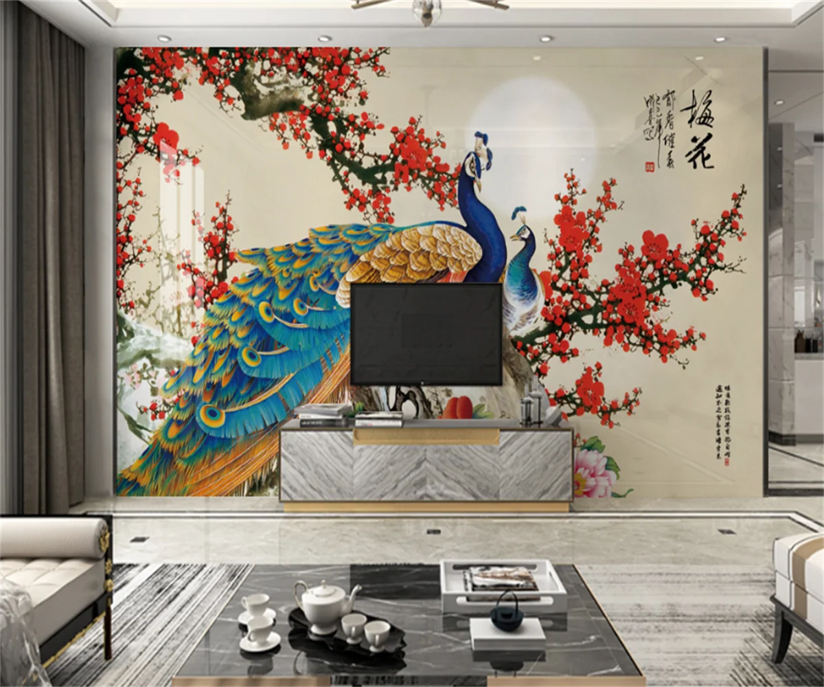 

Professional custom 3d new Chinese style peacock plum Chinese painting flower and bird illustration background wall paper mural