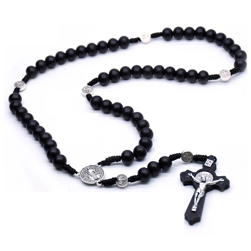 QIGO Religious Wooden Antique Black Cross Rosary Pendant Necklaces Jesus Saint Benedict Beaded Necklace for Men Women Jewelry