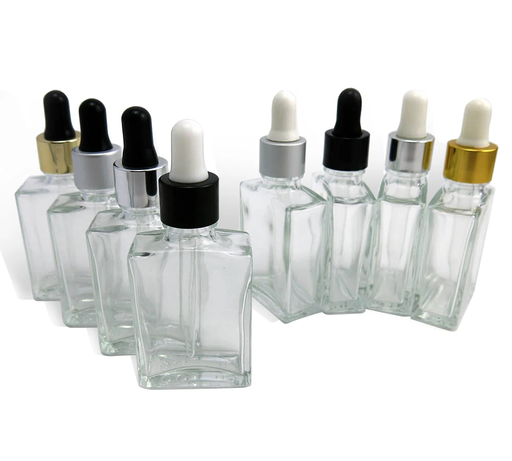 Botellas de vidrio cuadradas transparentes, Gotero para aromaterapia, Perfume, 1oz, 30ml