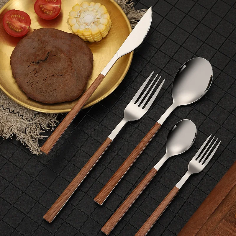 24pcs Kitchen Cutlery Set Utensils Stainless Steel Fork Spoons Knife Teaspoons Dinnerware Tableware Sets Imitation Wooden Handle