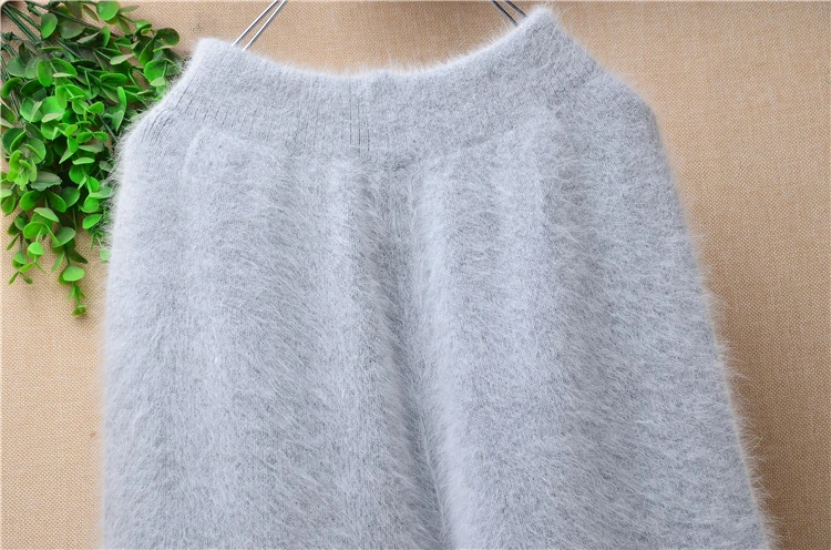 Elegant casual ladies women thicken warm winter mink cashmere loose elastic angora fur knitted trousers pants sweater pull tops