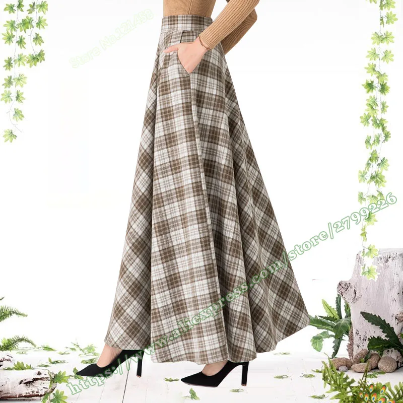 

2021 Female Fashion Vintage Casual Autumn Winter Plus Size 6XL 5XL lattice Plaid Woolen Elegantes a-line Maxi Skirts for Womens