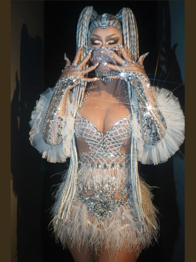 

new arrival sequin dress feather sexy Women Birthday party club Celebrate See Through Stage Dance DJ festival outfit drag queen