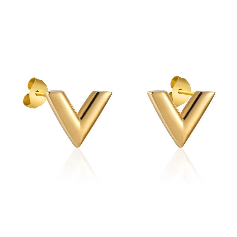 Luxury Brand Jewelry Simple Design V Letter Earrings For Women Stainless Steel Gold-Color Elegant Party Stud Earrings KE002-1