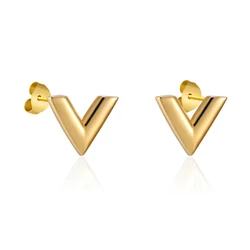 Luxury Brand Jewelry Simple Design V Letter Earrings For Women Stainless Steel Gold-Color Elegant Party Stud Earrings KE002-1