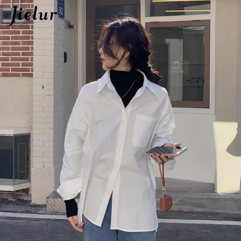 Jielur Fashion Tops Women\'s Shirt Chic Turn-down Collar Shirt Long Sleeve Yellow White Pink Blue Blouse Hipster Korean Spring