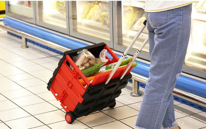 Collapsible Shopping Cart Fold Shopping Bag On Wheel Grocery Trolley Crate Car Hand Carts Luggage Trolley Supermarket Shop Car