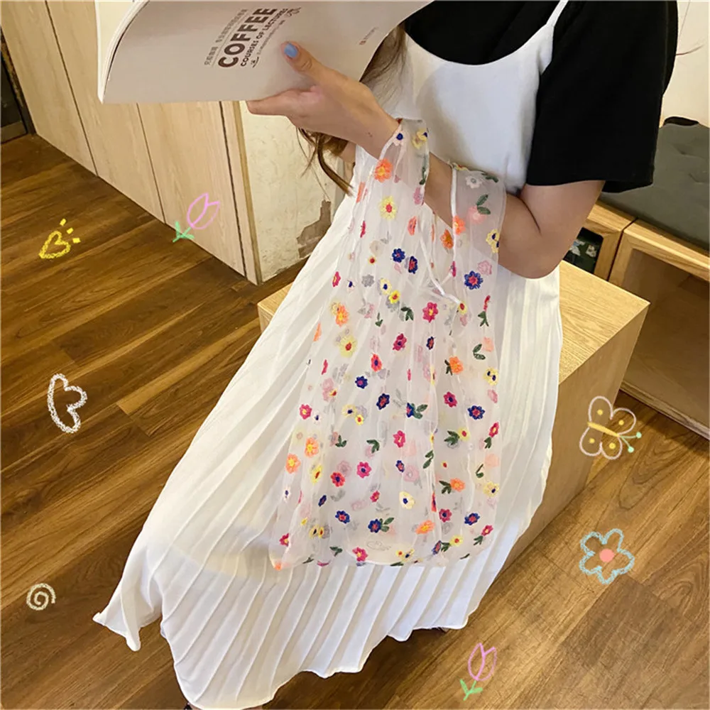 Women Transparent Foldable Mesh Cloth Daisy Embroidery Handbag Multicolored Flower Tulle Fruit Bag Purse Shopping Bag Tote 2024