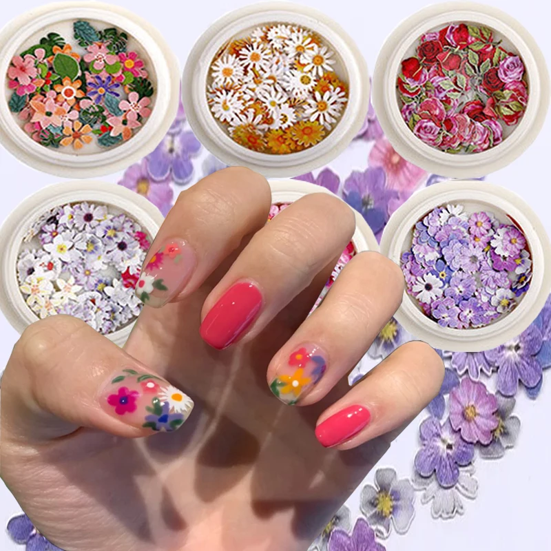 Nail Art Mixed Size Flower Wood Pulp Sheet 1 Box 3d Color Dried  Daisy Sakura Rose Patch DIY Nail Sticker Manicure Decoration