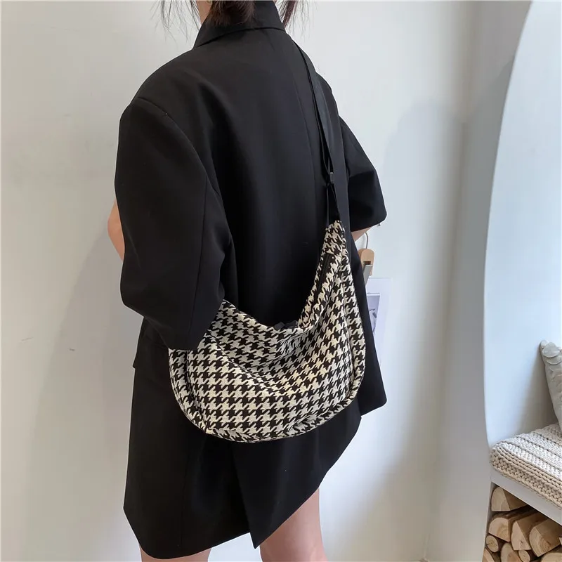 Classic Houndstooth Crossbody Bags Women Ins All Match Zipper Hobos Basic Stylish Shoulder Female Street Chic Simple Teenagers