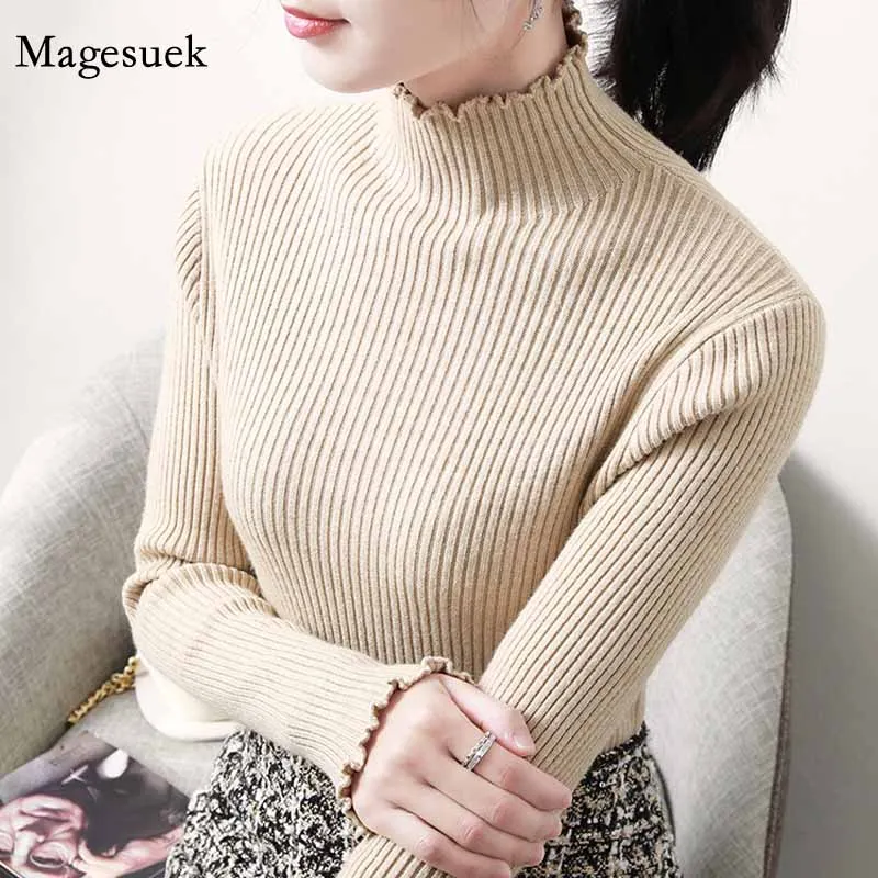 

Ruched Slim Female Long Sleeve Bottoming Sweaters Half Turtleneck Casual Solid Knitted Jumper Sweaters Women Pull Femme 12272