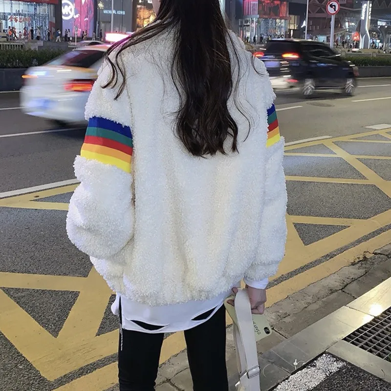 Autumn Winter Coat Women Hoodies Thicken Bright Rainbow Harajuku Zipper Cashmere Sweatshirt Long Sleeve Stand Zipper White Tops