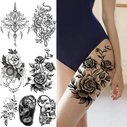 Black Large Rose FLower Temporary Tattoos For Women Adults Henna Skull Compass Snake Flower Fake Tattoo Sticker Leg Tatoos Thigh