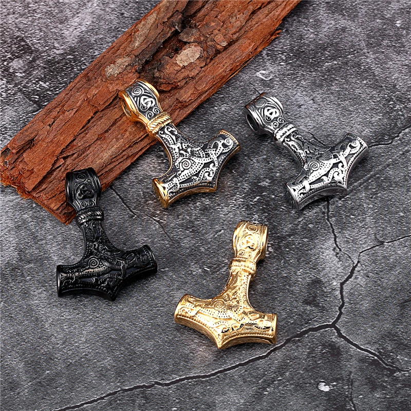 Punk Edelstahl Nordische Wikinger Amulett Anhänger Kette Odins Goldfarbener Thors Hammer Halsketten Herren Ethno-Schmuck Geschenke – Detail 4